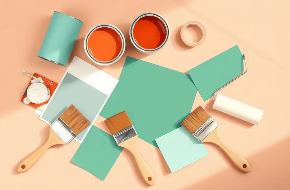 Pots de peinture, nuancier, brosses et rouleaux disposés à plat
