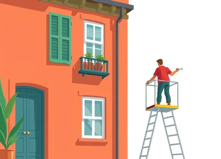 Peintre sur échafaudage traitant la façade d'une maison