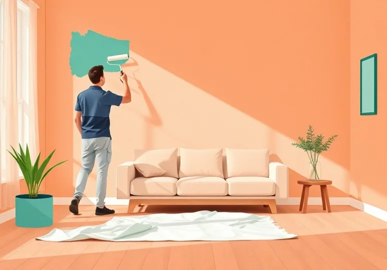 Peintre appliquant la peinture au rouleau sur un mur de salon